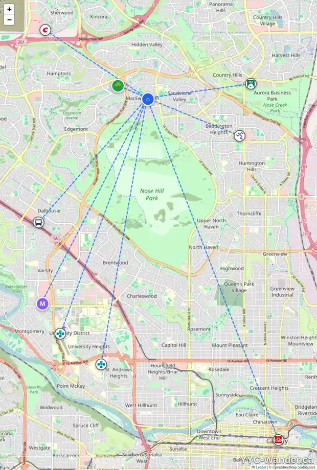 Daily accessibility map for 43 MACEWAN PARK RD NW, Calgary showing nearby schools, grocery stores, parks, LRT stations and nearby amenities