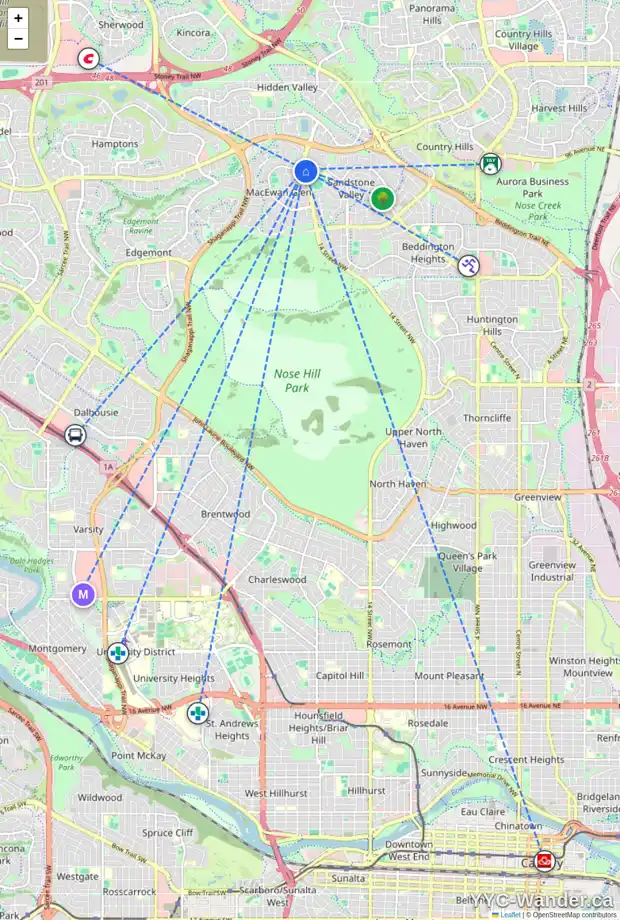 Daily accessibility map for 684 MACEWAN DR NW, Calgary showing nearby schools, grocery stores, parks, LRT stations and nearby amenities