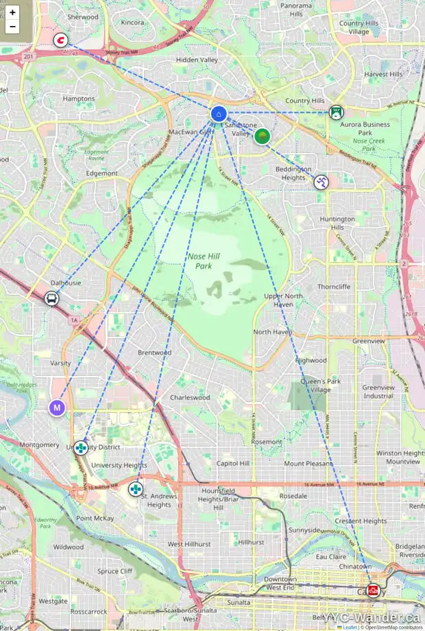 Daily accessibility map for 368 SANDARAC DR NW, Calgary showing nearby schools, grocery stores, parks, LRT stations and nearby amenities