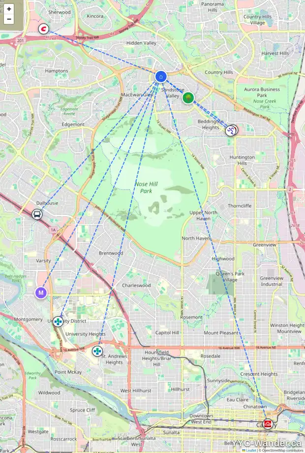 Daily accessibility map for 52 SANDALWOOD CO NW, Calgary showing nearby schools, grocery stores, parks, LRT stations and nearby amenities