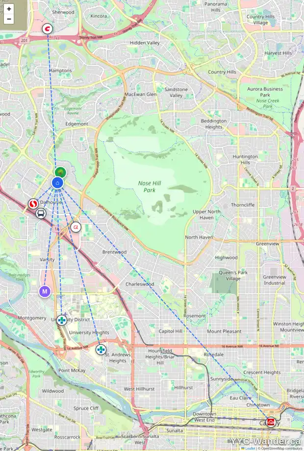 Daily accessibility map for 152 DALHURST WY NW, Calgary showing nearby schools, grocery stores, parks, LRT stations and nearby amenities