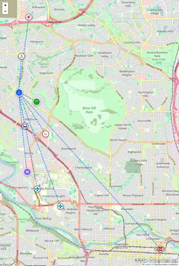 Daily accessibility map for 83 EDGEHILL DR NW, Calgary showing nearby schools, grocery stores, parks, LRT stations and nearby amenities