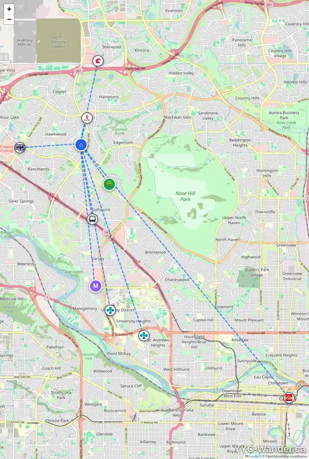 Daily accessibility map for 20 HAWKCLIFF CO NW, Calgary showing nearby schools, grocery stores, parks, LRT stations and nearby amenities