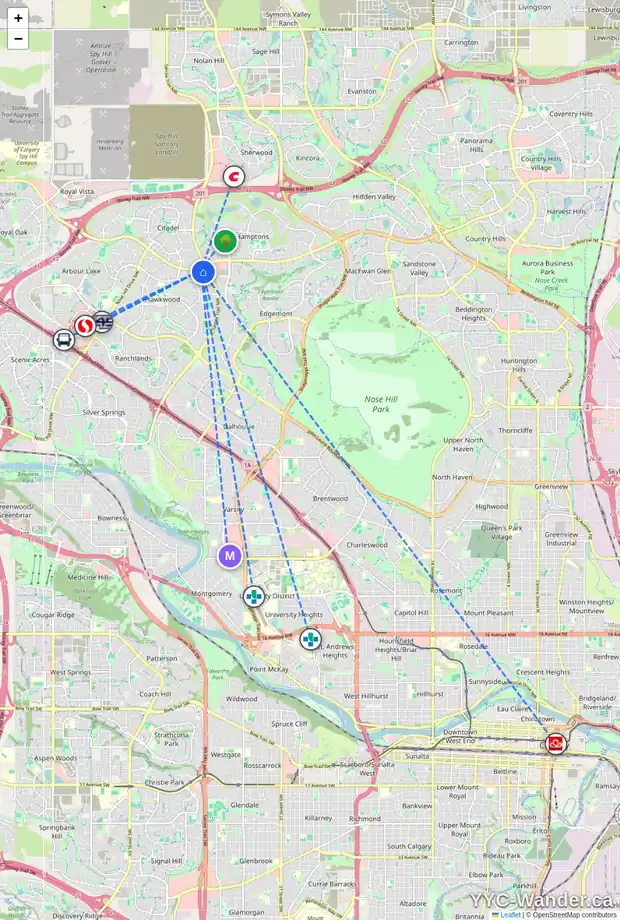 Daily accessibility map for 215 HAWKTREE CI NW, Calgary showing nearby schools, grocery stores, parks, LRT stations and nearby amenities