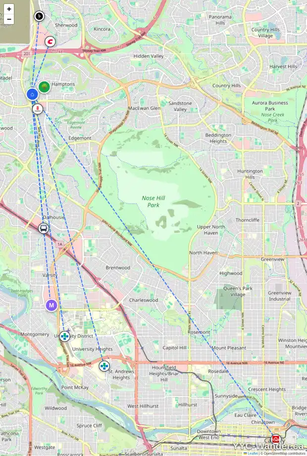 Daily accessibility map for 227 HAMPSHIRE PL NW, Calgary showing nearby schools, grocery stores, parks, LRT stations and nearby amenities