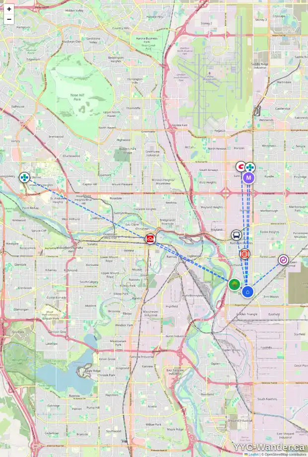 Daily accessibility map for 3441 35 AV SE, Calgary showing nearby schools, grocery stores, parks, LRT stations and nearby amenities