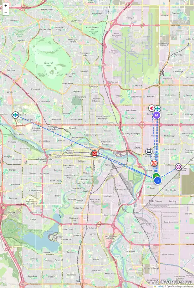 Daily accessibility map for 3418 30A AV SE, Calgary showing nearby schools, grocery stores, parks, LRT stations and nearby amenities