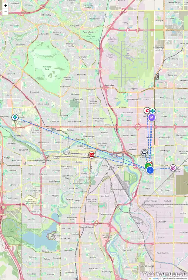 Daily accessibility map for 2003 33 ST SE, Calgary showing nearby schools, grocery stores, parks, LRT stations and nearby amenities