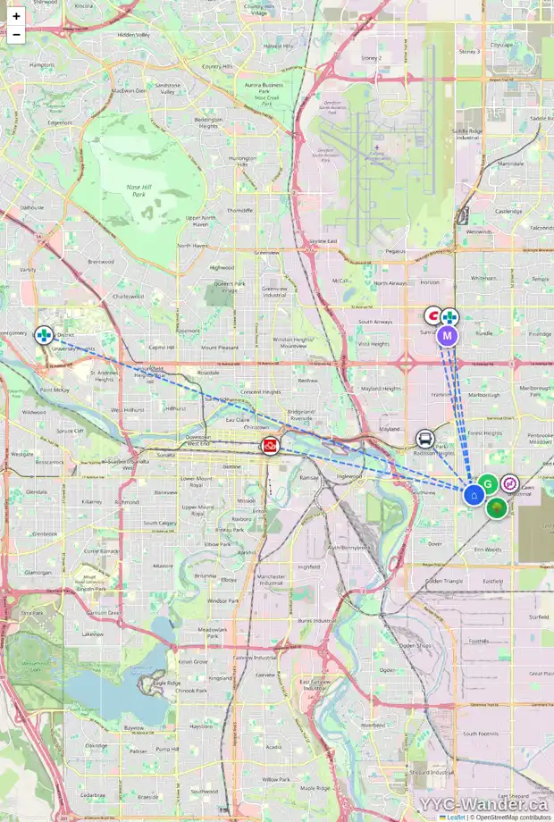 Daily accessibility map for 2227 41 ST SE, Calgary showing nearby schools, grocery stores, parks, LRT stations and nearby amenities