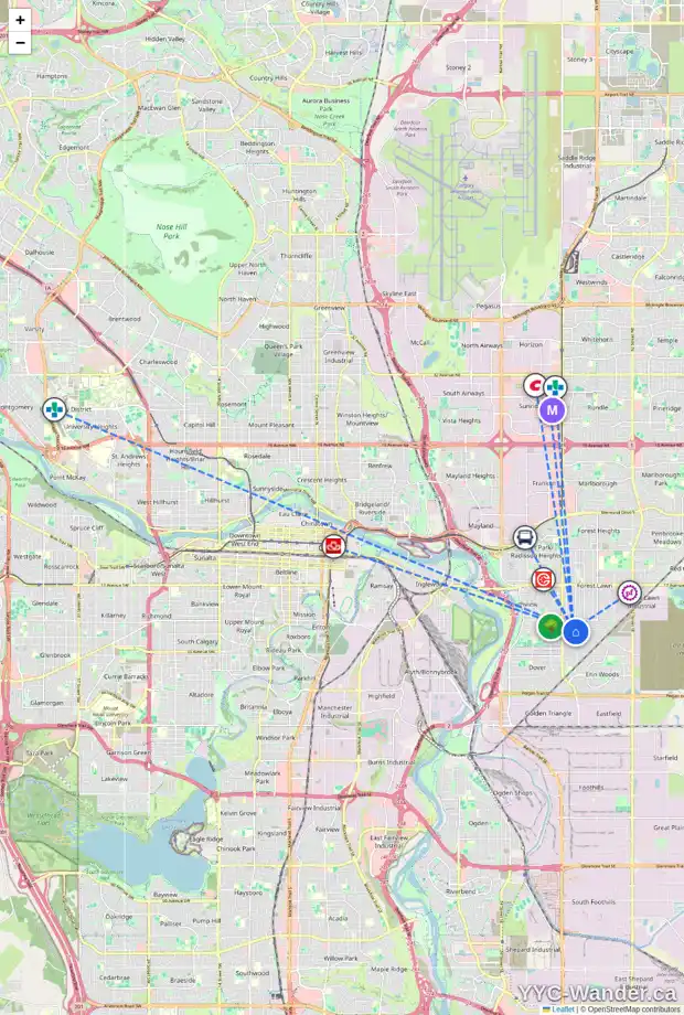 Daily accessibility map for 30 DOVERDALE ME SE, Calgary showing nearby schools, grocery stores, parks, LRT stations and nearby amenities