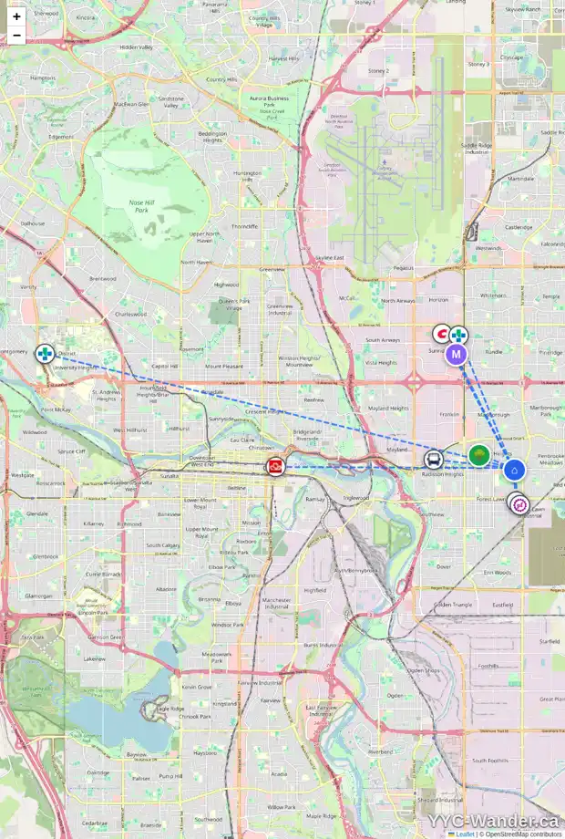 Daily accessibility map for 5012 8 AV SE, Calgary showing nearby schools, grocery stores, parks, LRT stations and nearby amenities