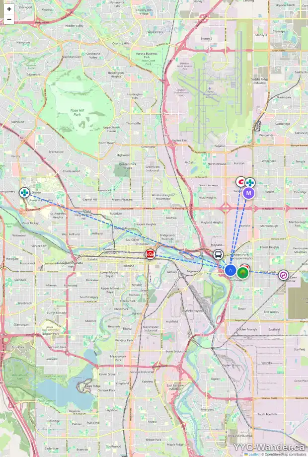 Daily accessibility map for 2632 16 AV SE, Calgary showing nearby schools, grocery stores, parks, LRT stations and nearby amenities