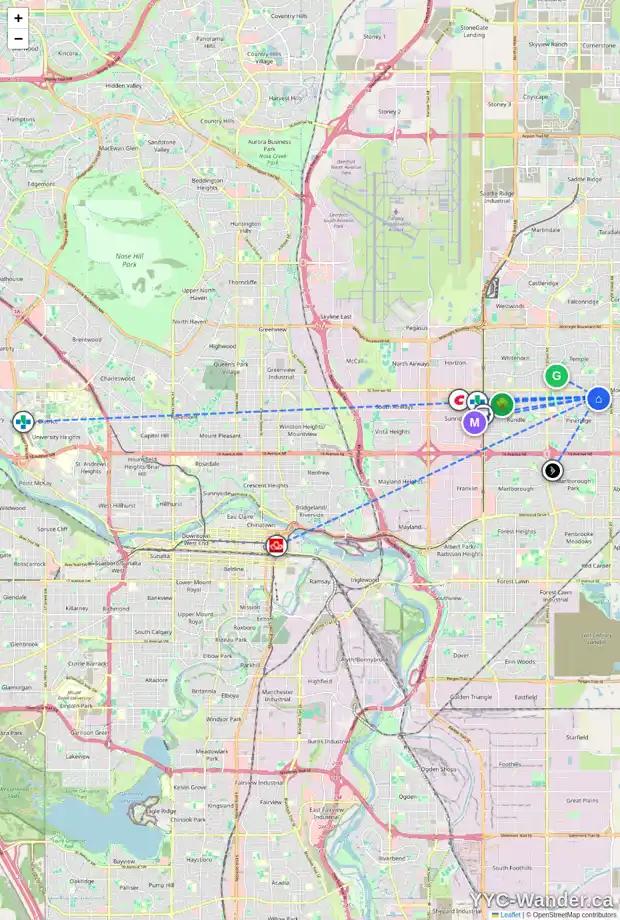 Daily accessibility map for 704 PINECLIFF RD NE, Calgary showing nearby schools, grocery stores, parks, LRT stations and nearby amenities