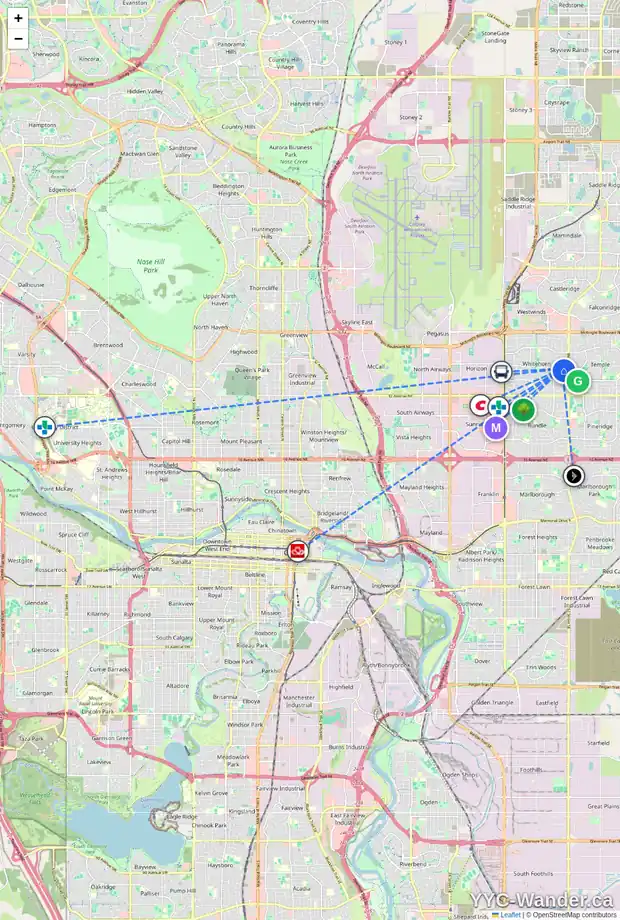 Daily accessibility map for 124 WHITESIDE CR NE, Calgary showing nearby schools, grocery stores, parks, LRT stations and nearby amenities