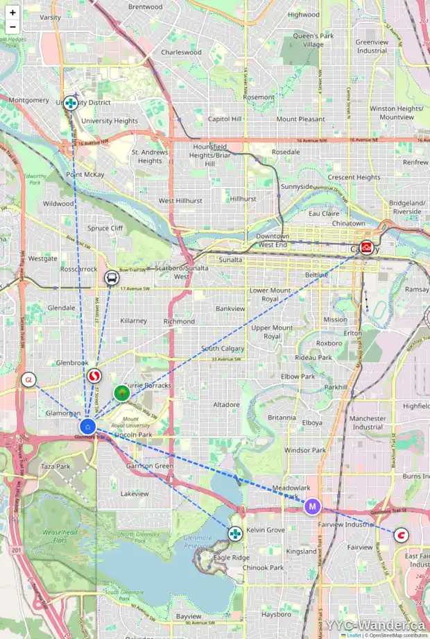 Daily accessibility map for 32 GLACIER DR SW, Calgary showing nearby schools, grocery stores, parks, LRT stations and nearby amenities