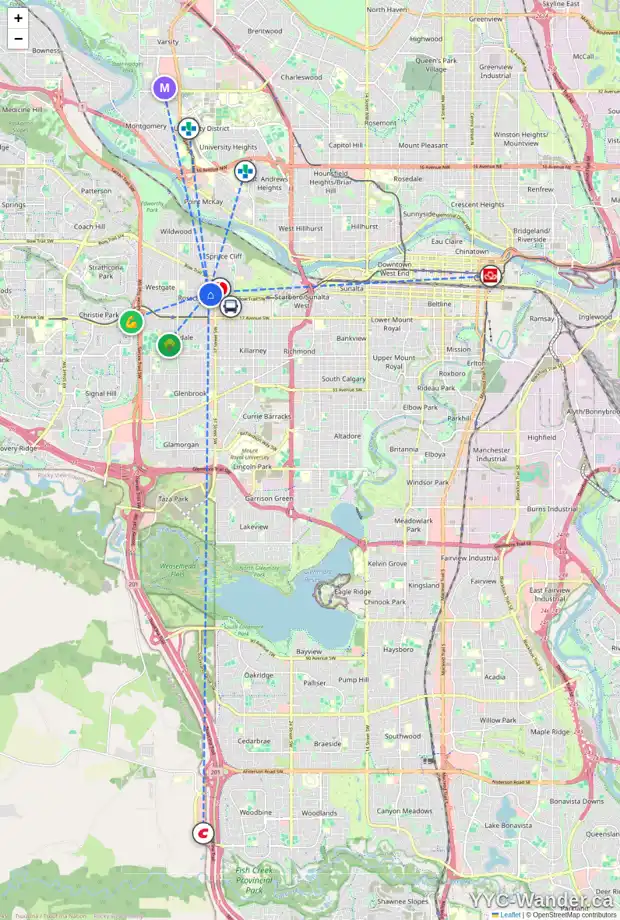 Daily accessibility map for 3920 12 AV SW, Calgary showing nearby schools, grocery stores, parks, LRT stations and nearby amenities