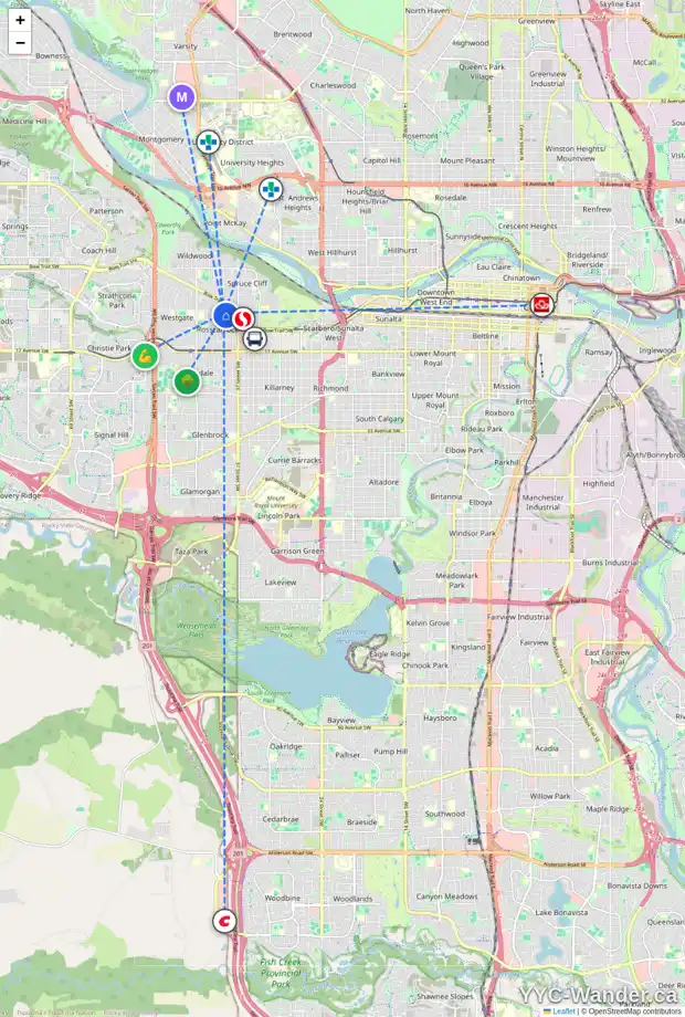 Daily accessibility map for 918 40 ST SW, Calgary showing nearby schools, grocery stores, parks, LRT stations and nearby amenities