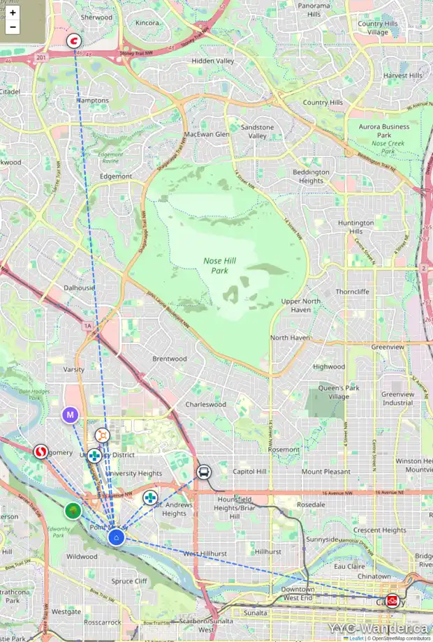 Daily accessibility map for 22 POINT MCKAY CO NW, Calgary showing nearby schools, grocery stores, parks, LRT stations and nearby amenities