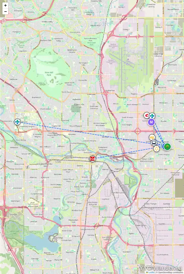 Daily accessibility map for 85 MARWOOD CI NE, Calgary showing nearby schools, grocery stores, parks, LRT stations and nearby amenities
