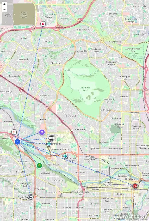 Daily accessibility map for 60 BOWDALE CR NW, Calgary showing nearby schools, grocery stores, parks, LRT stations and nearby amenities