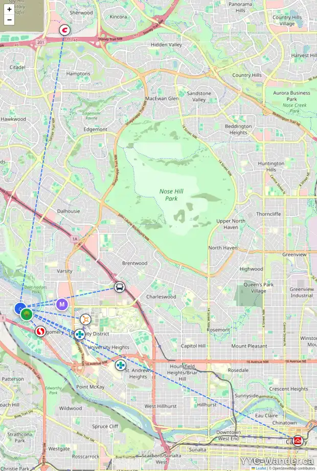 Daily accessibility map for 6137 32 AV NW, Calgary showing nearby schools, grocery stores, parks, LRT stations and nearby amenities