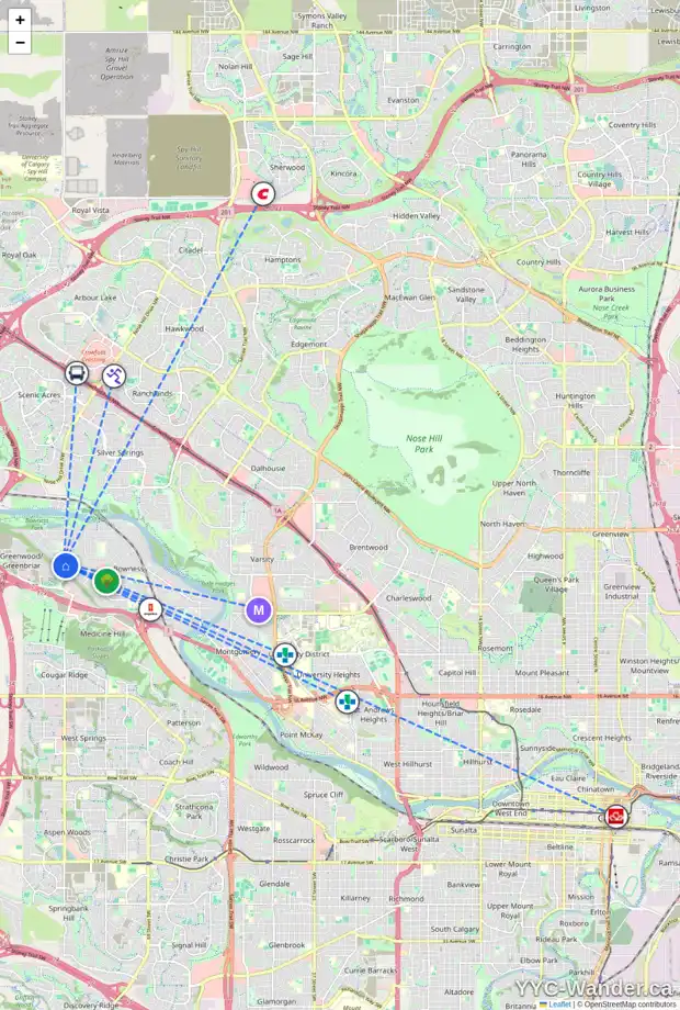 Daily accessibility map for 8540 33 AV NW, Calgary showing nearby schools, grocery stores, parks, LRT stations and nearby amenities