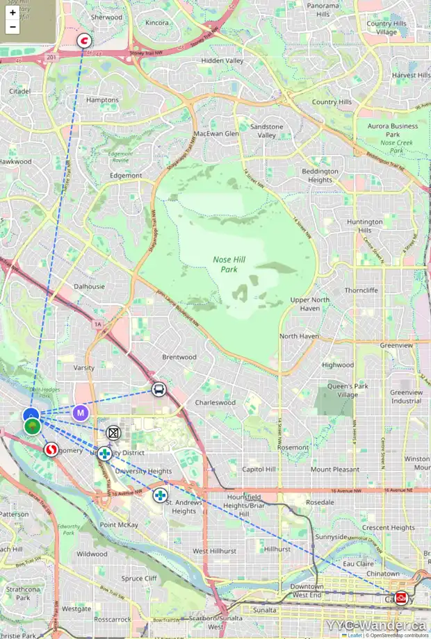 Daily accessibility map for 5912 BOWNESS RD NW, Calgary showing nearby schools, grocery stores, parks, LRT stations and nearby amenities