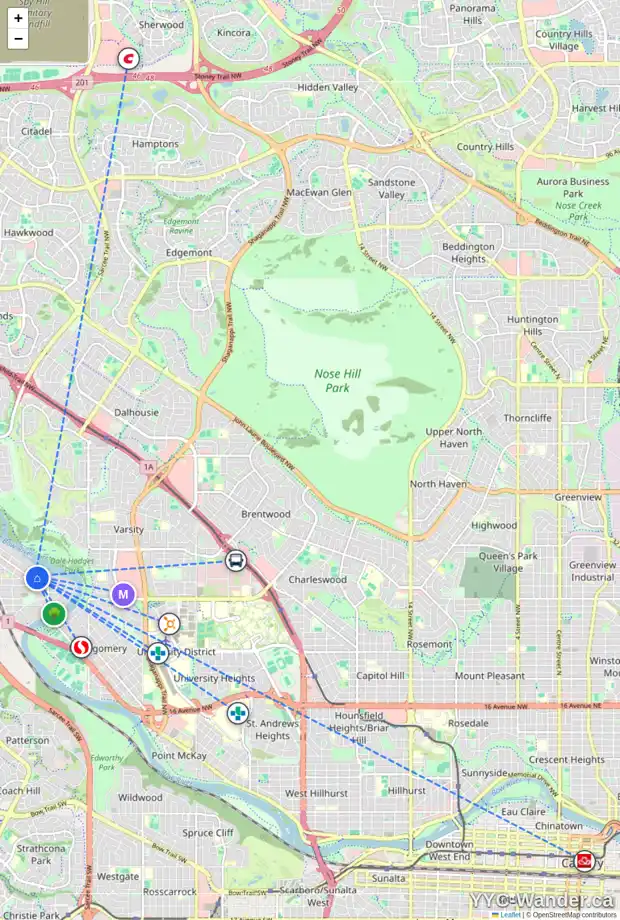 Daily accessibility map for 6203 BOW CR NW, Calgary showing nearby schools, grocery stores, parks, LRT stations and nearby amenities