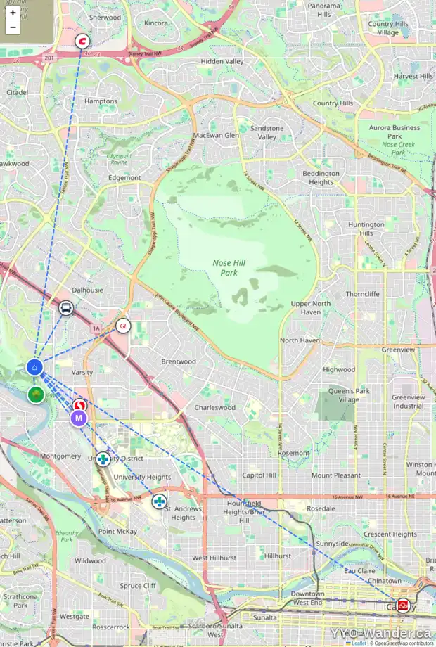 Daily accessibility map for 4 VARSITY PL NW, Calgary showing nearby schools, grocery stores, parks, LRT stations and nearby amenities