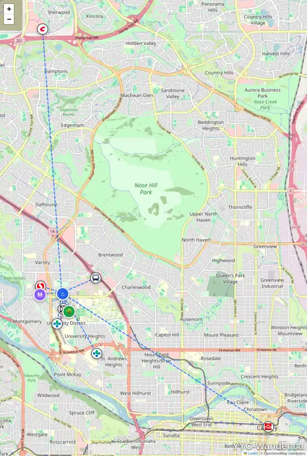 Daily accessibility map for 16 VARBOW PL NW, Calgary showing nearby schools, grocery stores, parks, LRT stations and nearby amenities