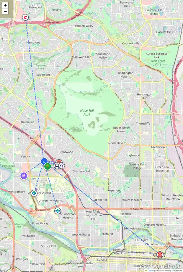 Daily accessibility map for 3811 VARSITY DR NW, Calgary showing nearby schools, grocery stores, parks, LRT stations and nearby amenities