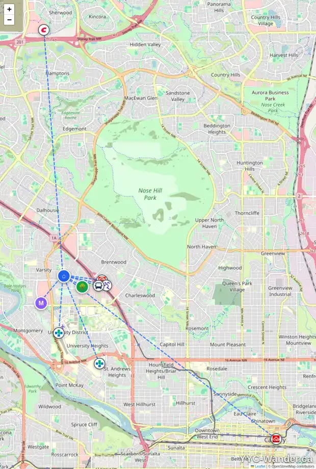 Daily accessibility map for 4223 40 ST NW, Calgary showing nearby schools, grocery stores, parks, LRT stations and nearby amenities
