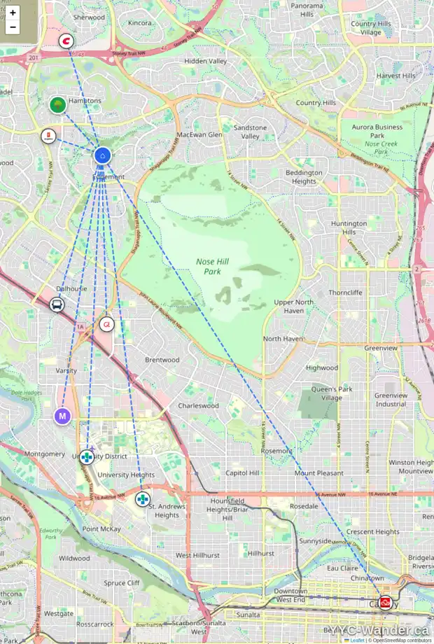 Daily accessibility map for 28 EDGEVALLEY GD NW, Calgary showing nearby schools, grocery stores, parks, LRT stations and nearby amenities