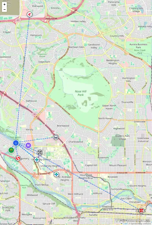 Daily accessibility map for 5950 BOW CR NW, Calgary showing nearby schools, grocery stores, parks, LRT stations and nearby amenities