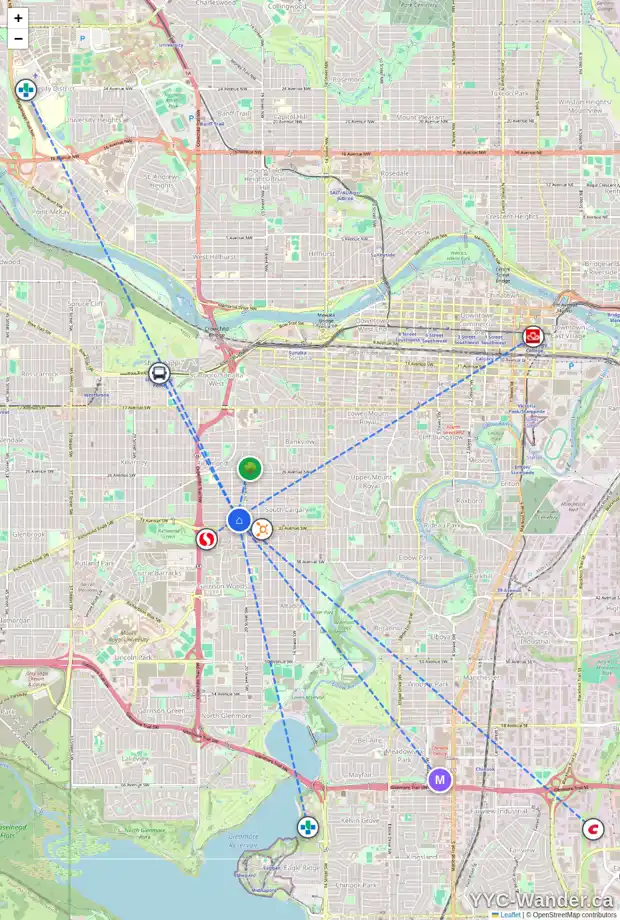 Daily accessibility map for 2126 32 AV SW, Calgary showing nearby schools, grocery stores, parks, LRT stations and nearby amenities