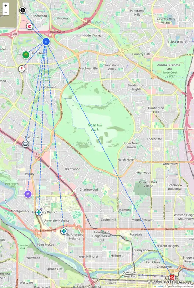 Daily accessibility map for 155 HAMPTONS DR NW, Calgary showing nearby schools, grocery stores, parks, LRT stations and nearby amenities