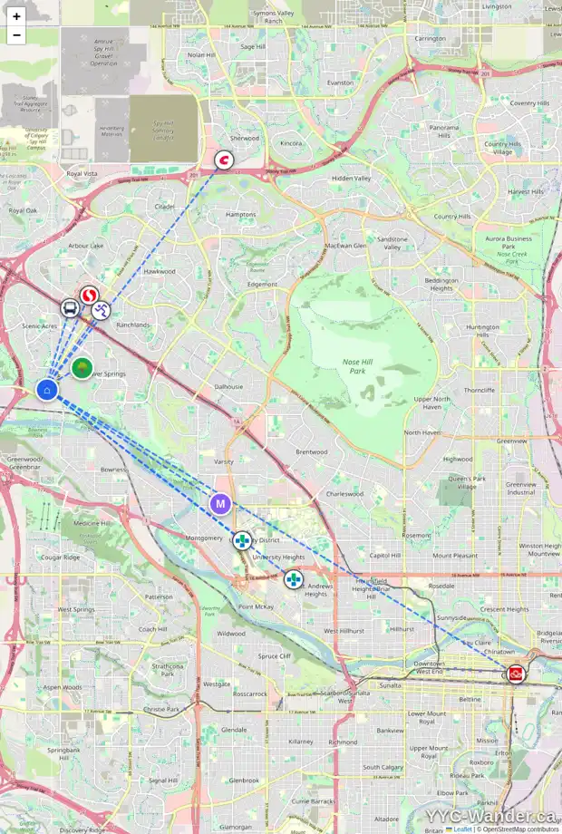 Daily accessibility map for 22 SCIMITAR CI NW, Calgary showing nearby schools, grocery stores, parks, LRT stations and nearby amenities