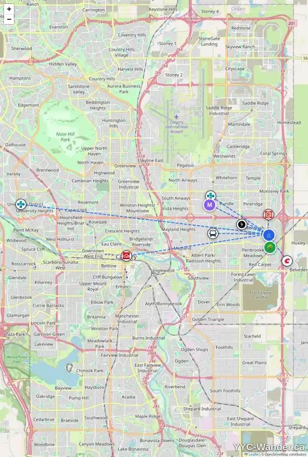 Daily accessibility map for 283 ABINGER CR NE, Calgary showing nearby schools, grocery stores, parks, LRT stations and nearby amenities