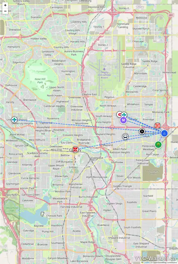 Daily accessibility map for 72 ABINGDON CO NE, Calgary showing nearby schools, grocery stores, parks, LRT stations and nearby amenities