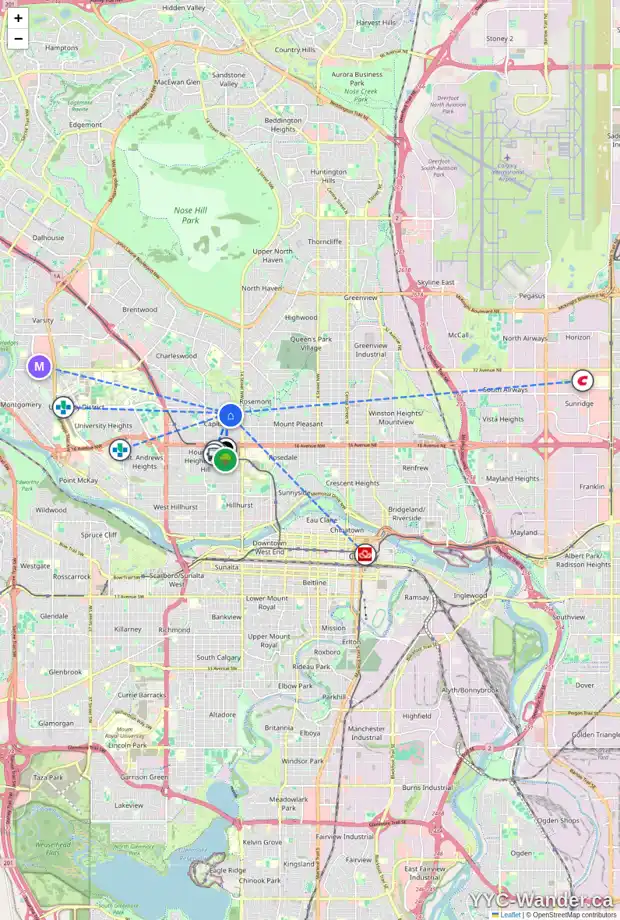 Daily accessibility map for 1629 23 AV NW, Calgary showing nearby schools, grocery stores, parks, LRT stations and nearby amenities