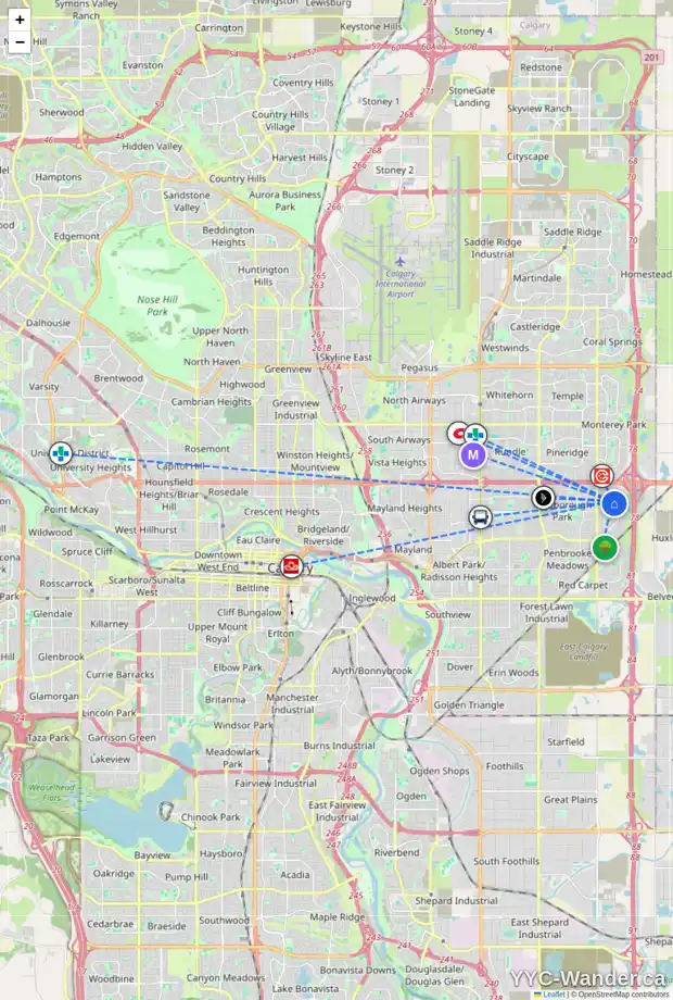 Daily accessibility map for 122 ABOYNE PL NE, Calgary showing nearby schools, grocery stores, parks, LRT stations and nearby amenities