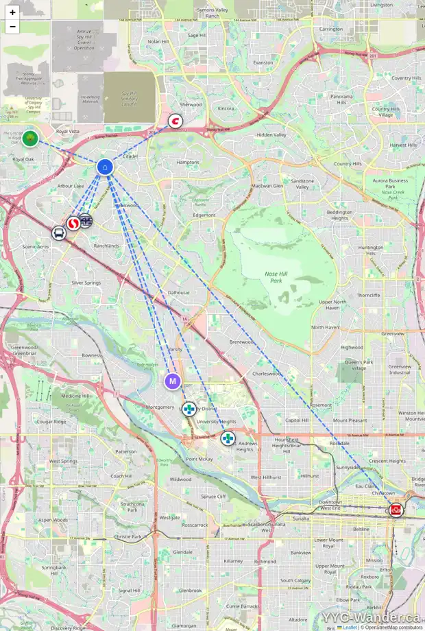 Daily accessibility map for 53 ARBOUR RIDGE CL NW, Calgary showing nearby schools, grocery stores, parks, LRT stations and nearby amenities
