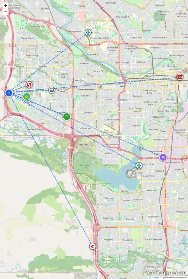 Daily accessibility map for 10 SLOPEVIEW DR SW, Calgary showing nearby schools, grocery stores, parks, LRT stations and nearby amenities