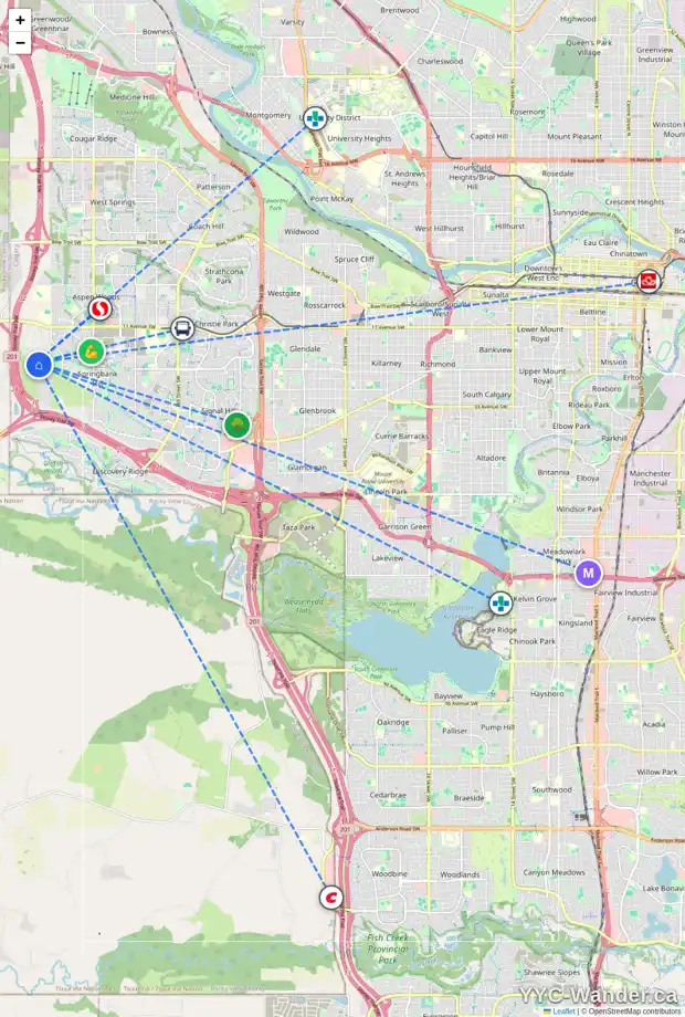Daily accessibility map for 28 SLOPES GV SW, Calgary showing nearby schools, grocery stores, parks, LRT stations and nearby amenities
