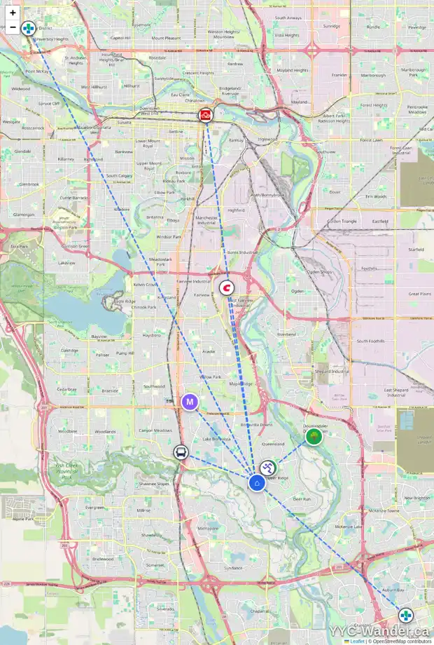 Daily accessibility map for 14103 PARKLAND BV SE, Calgary showing nearby schools, grocery stores, parks, LRT stations and nearby amenities