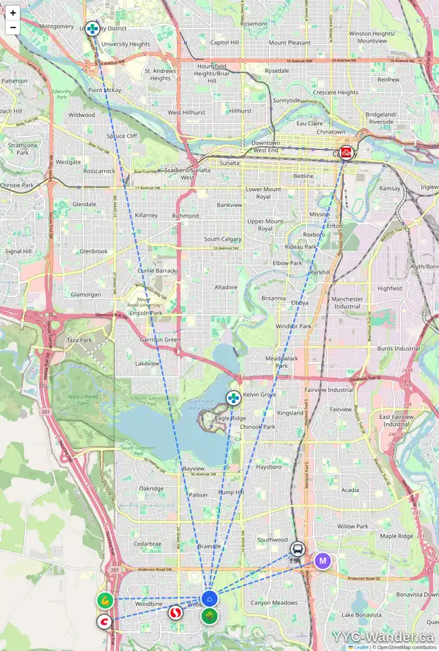 Daily accessibility map for 835 WOODPARK WY SW, Calgary showing nearby schools, grocery stores, parks, LRT stations and nearby amenities