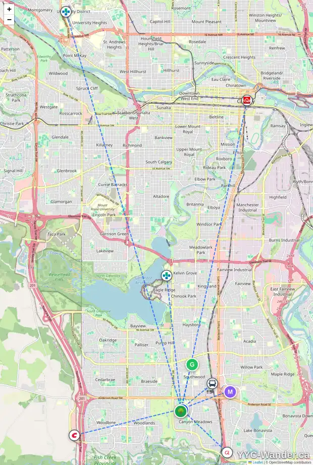 Daily accessibility map for 420 CANTERBURY PL SW, Calgary showing nearby schools, grocery stores, parks, LRT stations and nearby amenities