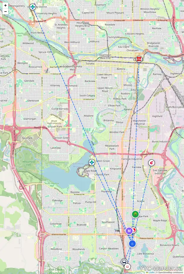 Daily accessibility map for 28 LAKE WASA GR SE, Calgary showing nearby schools, grocery stores, parks, LRT stations and nearby amenities