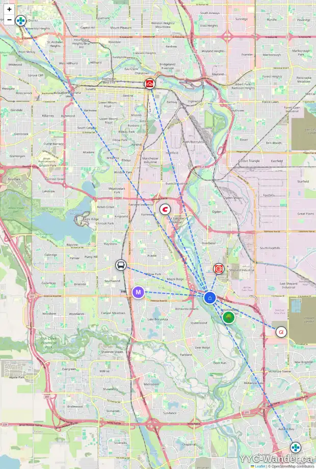 Daily accessibility map for 65 DOUGLASBANK WY SE, Calgary showing nearby schools, grocery stores, parks, LRT stations and nearby amenities