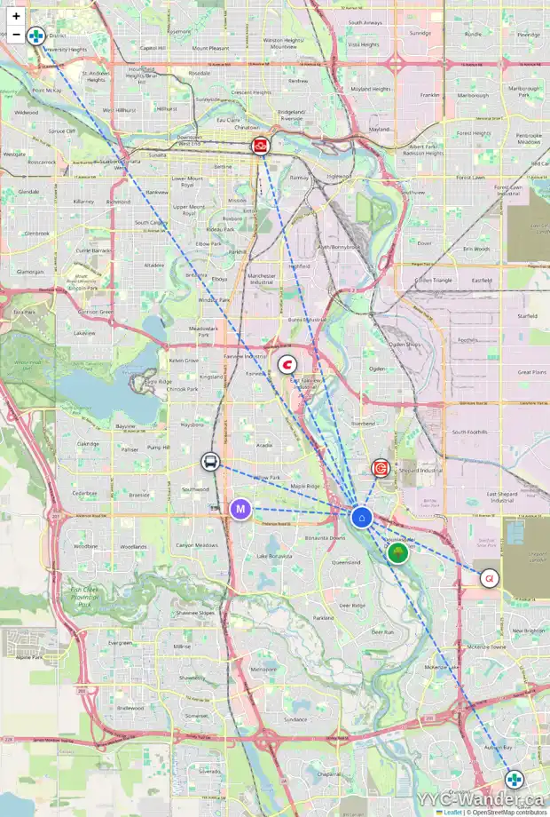 Daily accessibility map for 28 DOUGLASBANK PT SE, Calgary showing nearby schools, grocery stores, parks, LRT stations and nearby amenities